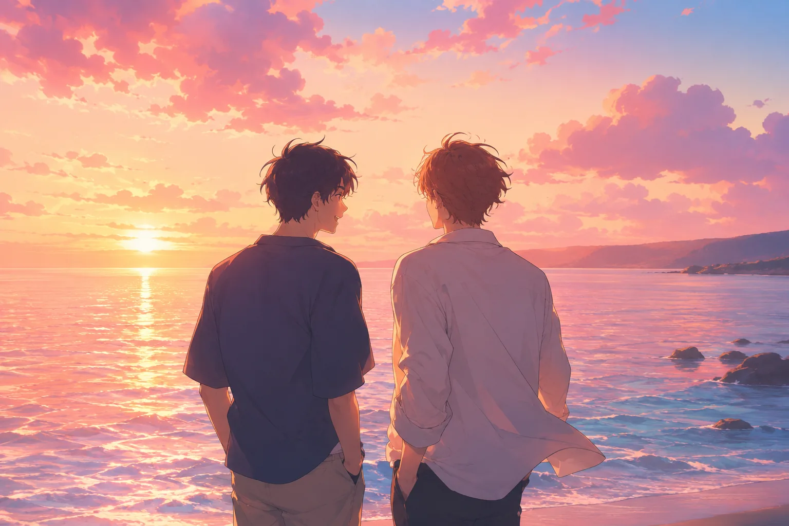 夕日の海辺で語り合う二人
