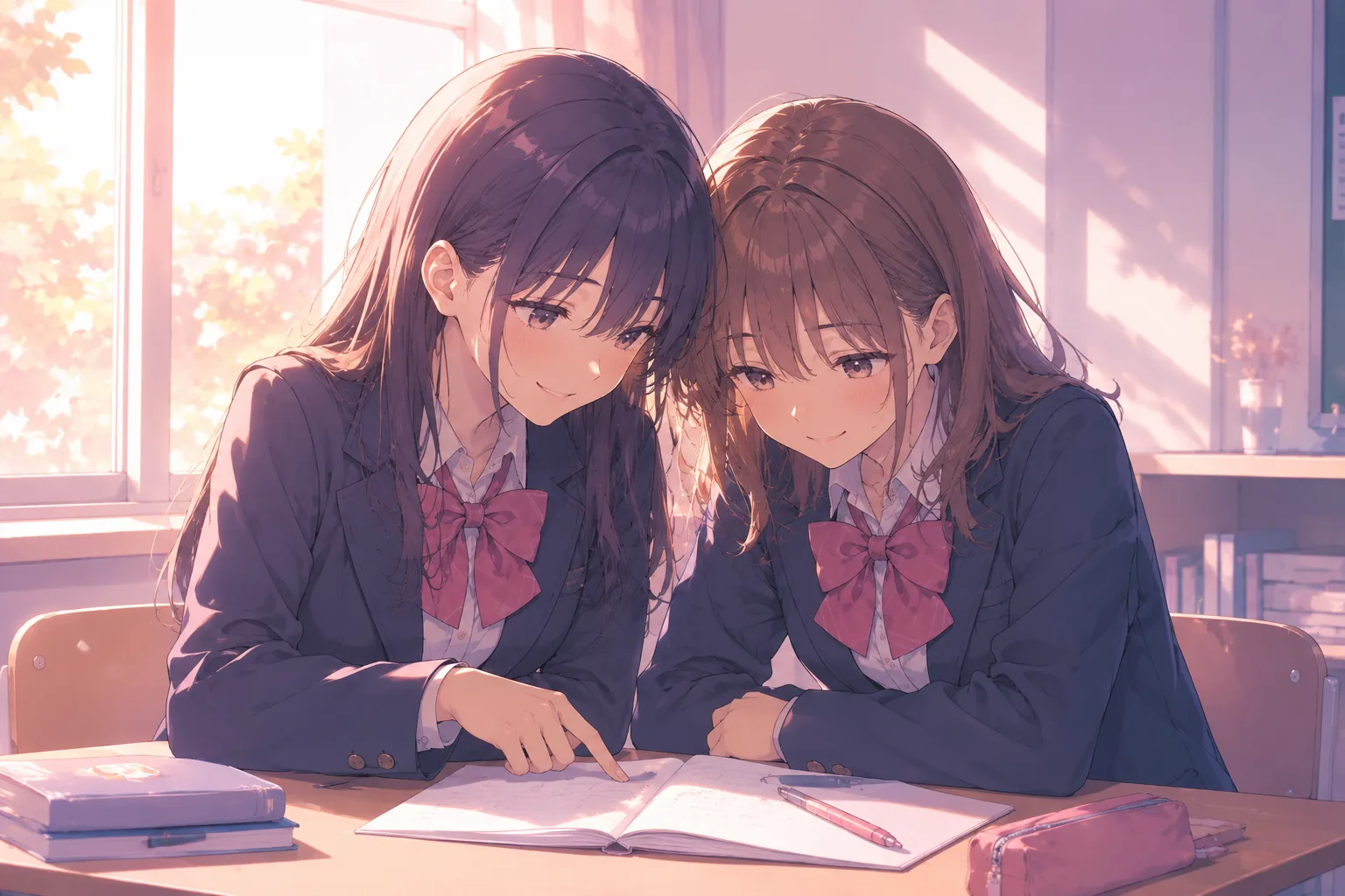 寄り添って勉強する二人